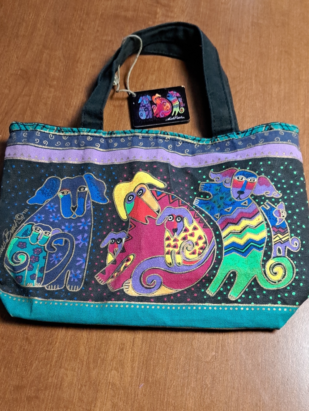 Laurel Burch Multicolor Dog Motif Canvas Tote - Teal, Purple, Pink, Yellow, Blue